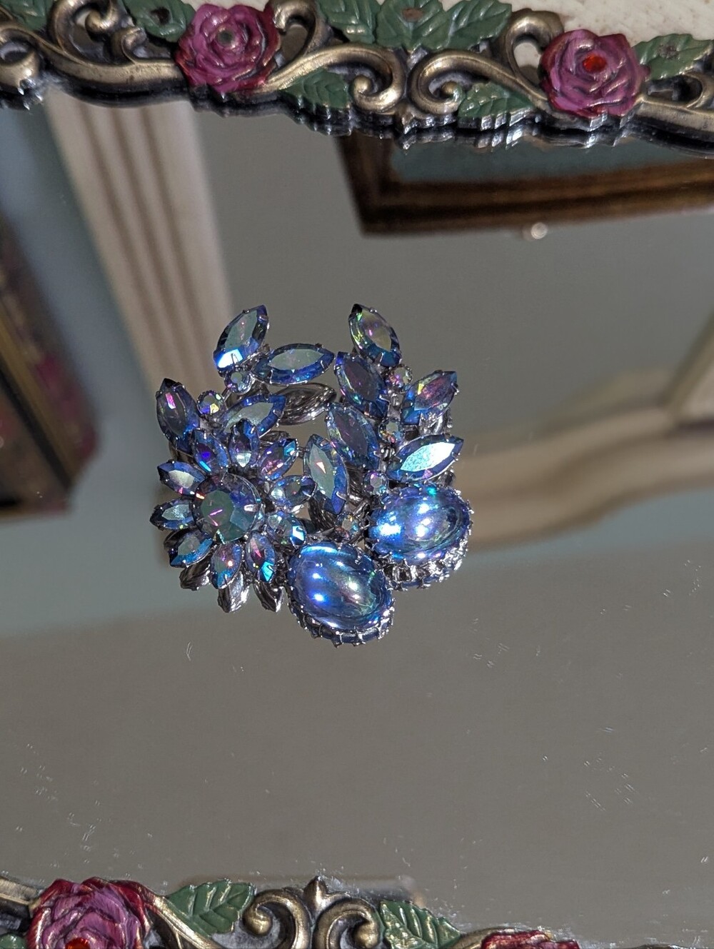 Vintage Continental Aurora Crystal Floral Brooch - Blue Iridescent Sparkle